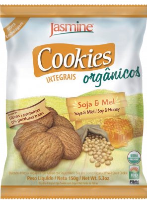SOJA E MEL.png - Cookies Integrais Orgânicos Soja & MelFonte de fibras, proteínas e ferroLivre de Gorduras Trans95% de ingredientes orgânicos Ingredientes: Farinha de trigo integral orgânica, farinha de trigo orgânica fortificada com ferro e ácido fólico, gordura de palma orgânica, melado de cana orgânico, açúcar mascavo orgânico, açúcar demerara orgânico, fécula de mandioca orgânica, farinha de soja orgânica, mel orgânico, sal, agentes de crescimento (fosfato monocálcico, bicarbonato de sódio, bicarbonato de amônio), estabilizante natural lecitina de soja e aromas naturais.Produto Orgânico certificado – 95% de ingredientes orgânicos.CONTÉM GLÚTENDisponível na versão: 150g 